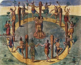 Indischer Ritualtanz aus dem Dorf Secoton, Buchillustration, um 1570-80